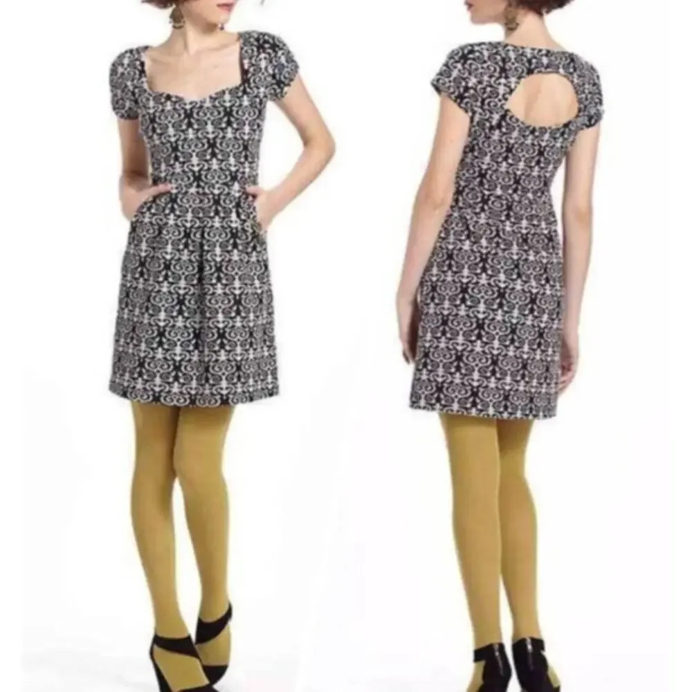 Anthropologie Deletta Quilted Calendolia Dress S Small Black Floral Swirl Print
